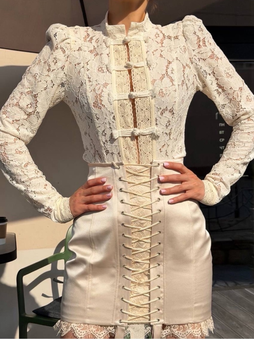 Lace crochet trim mandarin frog button ivory Cream Long-Sleeve Top - Picture 3 of 9